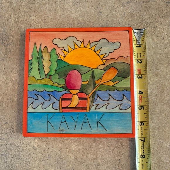 Sticks Folk Art Wood Wall Hanging Kayak Scene Sun River Trees Lake Cabin Decor - Picture 3 of 4